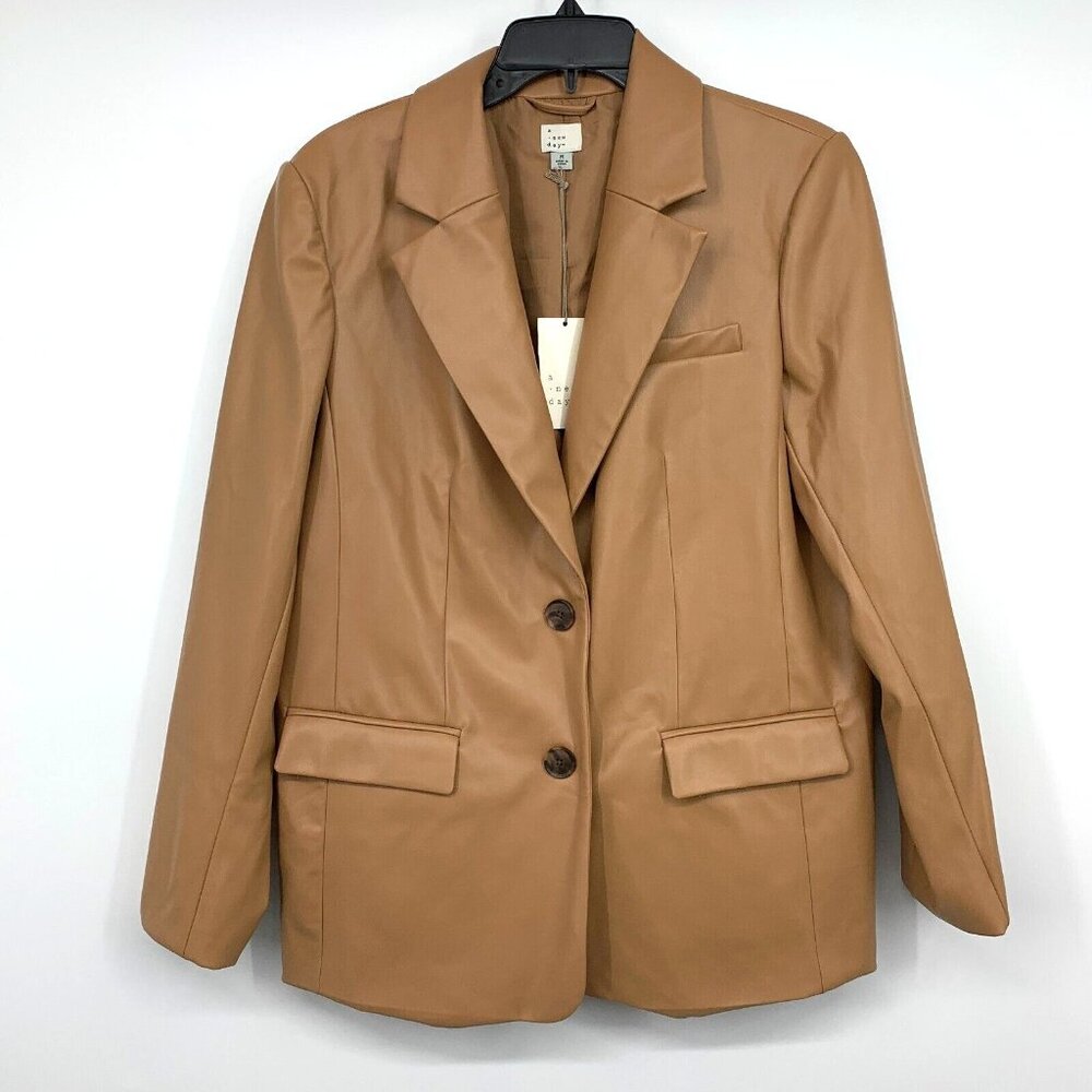A New Day Blazer Faux Leather Brown Relaxed Fit Jacket NWT - Picture 4 of 11